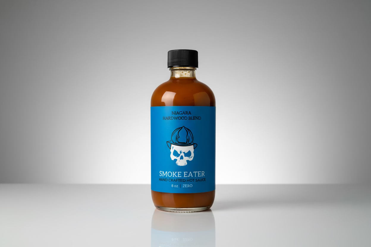 Bottle of Smoke Eater hot sauce with a blue label on a white background